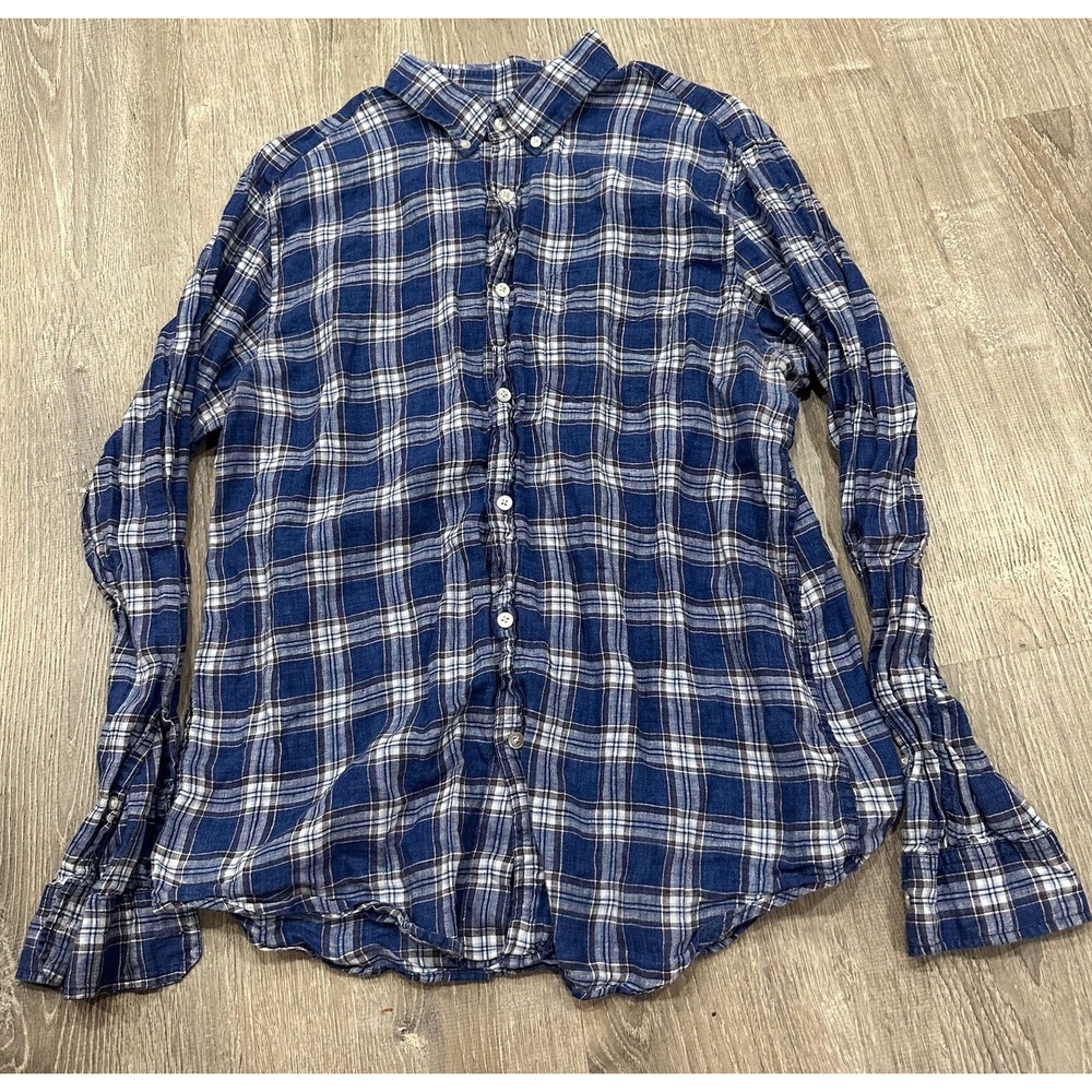 Banana Republic Mens Shirt Large Blue Plaid Camden Fit Linen‎ Long Sleeve Shirt
